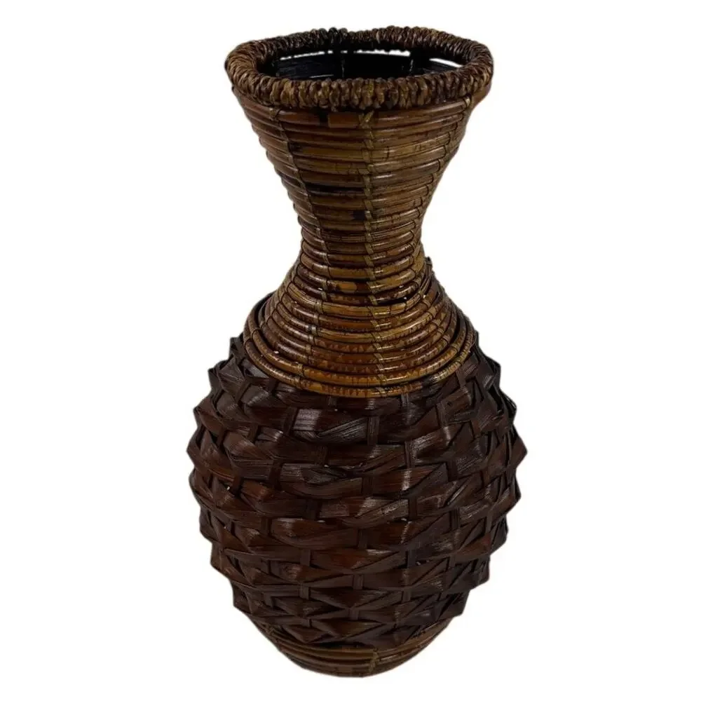 Vintage 90s Handwoven Rattan Wicker Vase 15” Brown Boho Basket Decor